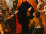 an image of a painting of a man handing something to a group of people