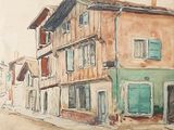 une aquarelle représentant un immeuble dans la rue