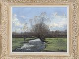 a painting of a stream running through a green field
