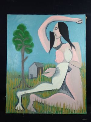 painting of a woman sitting in a field with a house in the background