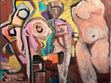 abstract painting of three nudes in a room with a mirror