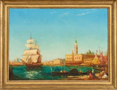 une peinture à l'huile représentant une vue d'un port avec des bateaux et des bâtiments
