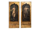 deux tableaux représentant des nus, dans un cadre en bois, sur fond blanc
