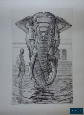 un dessin représentant un éléphant debout dans l'eau