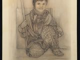 pencil drawing of a young boy sitting on a bench with a cane