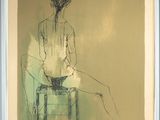 painting of a woman sitting on a chair with her legs crossed