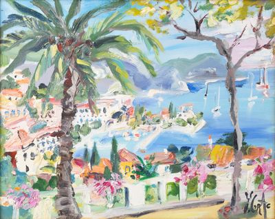 une peinture à l'huile représentant une baie et un palmier