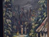 a painting on a easel with a painting of a forest scene on it