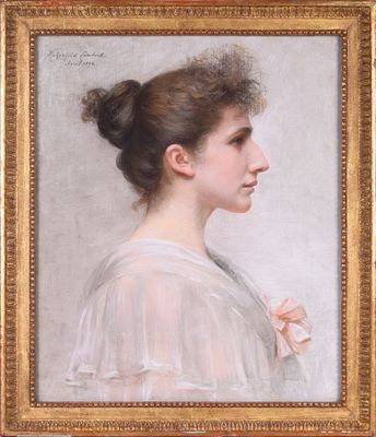 a painting of a woman in a white dress with a flower in her hair