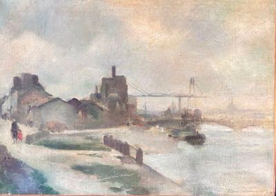 painting of a view of a harbor with boats and a bridge