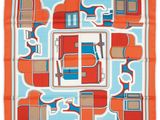 a close up of an orange and blue square scarf on a white background