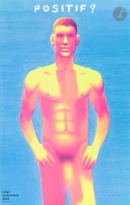 a poster of a man standing in front of a blue background