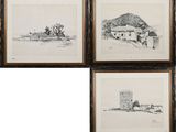 a set of four framed drawings of a landscape