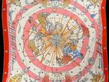 an image of a red and white square scarf with zodiac symbols