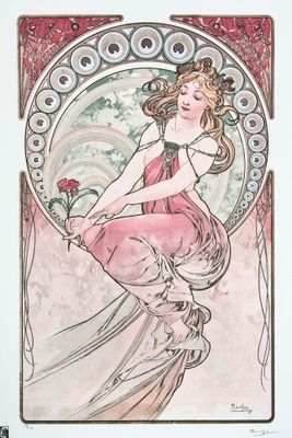 tableau représentant une femme en robe rose assise sur une fleur