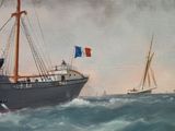 a painting of a ship in the water with a flag on it