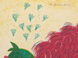 a drawing of a woman with a red hair and a green apple