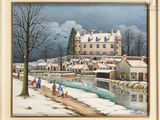 painting of a winter scene with people walking along a river and a castle in the background