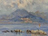 an oil painting of sheep in a body of water with a mountain in the background