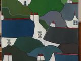 painting of a painting of a landscape with houses in the background
