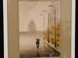 painting of a woman with an umbrella walking in the rain