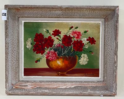 GLORNOIS. Bouquet d'oeillets. Huile sur toile.