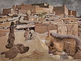 a painting of a group of people in the desert