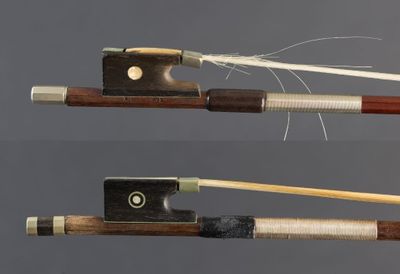 two different views of a bow and a bow rest