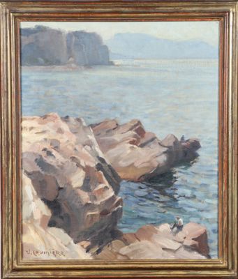 une peinture à l'huile représentant des rochers dans l'eau près d'une falaise