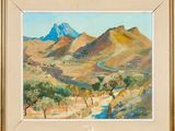 an oil painting of a mountain landscape with a river running through it