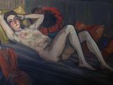 a painting of a nude woman laying on a couch