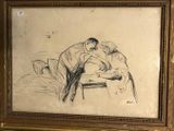 drawing of a man and a woman sitting on a bed