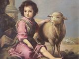 tableau représentant un jeune garçon avec un mouton dans un paysage