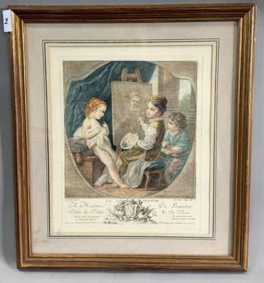 une gravure ancienne représentant une femme et deux enfants assis sur une chaise