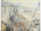 an image of a painting of a view of a beach with houses and trees