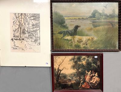 Lot de 3 oeuvres comprenant : - Impression. Paysage de jardi…