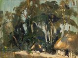 un tableau représentant une cabane au toit de chaume au milieu d'un champ