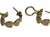 two pairs of gold and diamond hoop earrings on a white background