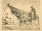 a drawing of a church in the middle of a field