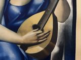 painting of a woman holding a guitar in front of a painting of an angel