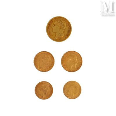 four different types of gold coins are shown on a white surface