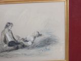 drawing of a woman sitting on a bed with a baby