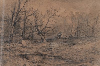 a drawing of a man and a dog in a wooded area