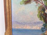 an oil painting of a tree on a cliff by the ocean