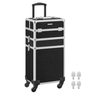 une valise à roulettes noire et argentée équipée de trois lampes sur les roues