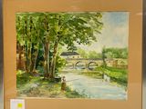 une image d'une peinture représentant un pont sur une rivière