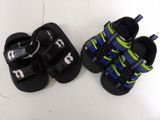 two pairs of sandals that are on the floor