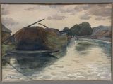 a painting of a boat that is sitting on the water