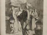 un vieux dessin en noir et blanc représentant un homme et une femme marchant dans une rue