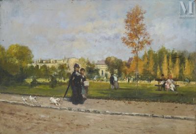 tableau représentant une femme promenant son chien dans un parc en compagnie d'un homme et d'une femme